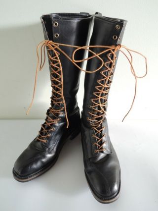 Vintage Black Leather Lace Up 17 - Inch Lineman Motorcycle Boots Hy Test Size 11 D
