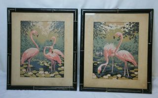 Vintage Paint By Numbers Pink Flamingos Pair W/ Black Faux Bamboo Frames