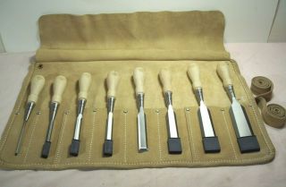 Vintage Stanley Sw 750 Series 8pc.  Socket Chisel Set In Leather Tool Roll