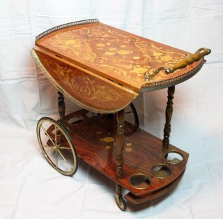 Vintage Italian Wood Inlay Drop Leaf Wine Tea Cart Trolley Brass 2