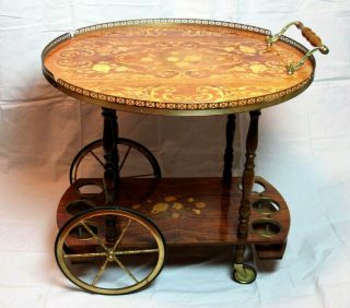 Vintage Italian Wood Inlay Drop Leaf Wine Tea Cart Trolley Brass 3