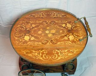 Vintage Italian Wood Inlay Drop Leaf Wine Tea Cart Trolley Brass 4