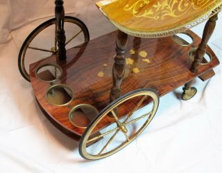 Vintage Italian Wood Inlay Drop Leaf Wine Tea Cart Trolley Brass 5