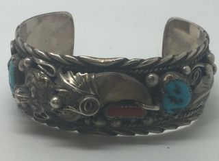 Vintage Sterling Silver Turquoise Coral Navajo Cuff Bracelet By " M.  Thomas Jr "