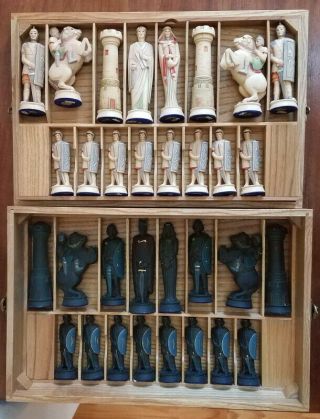 Vtg Anri Toriart Hand Painted Chess Set,  Roman Centurions & Teutons,  Wood Case