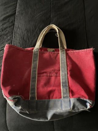 Vtg Trashed Ll Bean Freeport Maine Boat & Tote Bag Red/navy Blue With White Trim