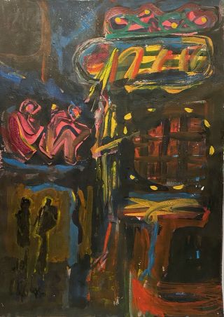 Vintage Mixed Media Abstract Expressionist Modernist Street Scene Study Painting