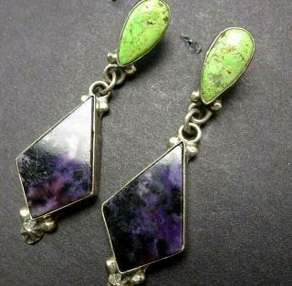 Vintage Navajo Sterling Silver Lime Green Turquoise And Purple Sugilite Earrings