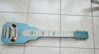 Vintage 32 " Blue Six String Lap Steel Guitar,  Case,  20 Ft.  Cable,  And Picks `
