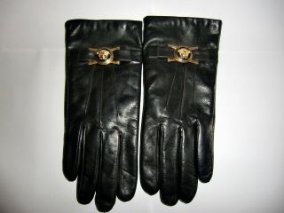 Gianni Versace Black Leather Medusa Head Ladies Gloves.  Vintage 1990s.  Small Size