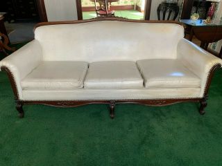 Vintage,  French Style Leather Sofa With Hand Carved Walnut Frame,  1950s