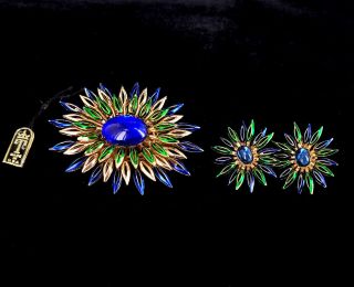 Vintage Crown Trifari Jelly Belly Blue Green Floral Pin Brooch Earring Set