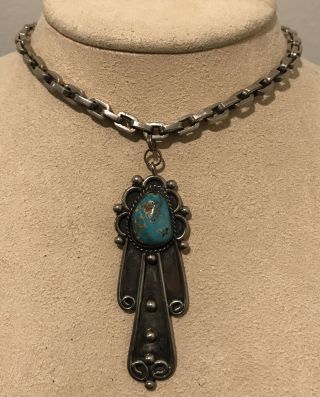 Vintage Or Antique Sterling Silver Turquoise Pendant Necklace 22” Chunky Links
