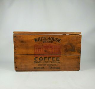 Vintage Antique White House Coffee Wood Crate Box Dwinell - Wright Co Hinged Lid