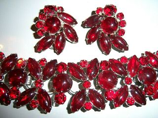 Vtg Juliana D&e Ruby Red Rhinestone Five Link Bracelet Earring Set Demi Parure
