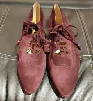 Womens Vintage Hermes Burgundy Suede Lace Up With A Thick Heel,  Sz 41