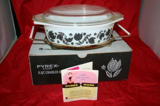 Vintage 1957 Promotional 1 1/2 Qt.  Casserole With Stand Black Tulips Pyrex