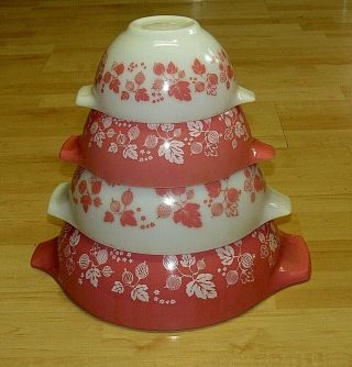 Vintage Pyrex Pink Gooseberry Cinderella Set Of 4 Nesting Bowls 441 442 443 444