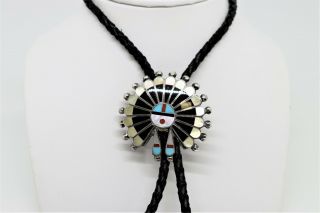 Vintage Sterling Silver Zuni Sunface Headress Bolo Tie Turquoise Coral Onyx Mop