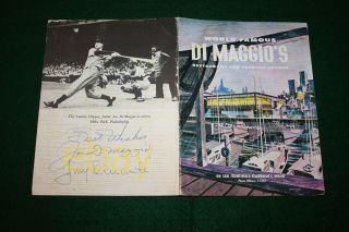 Vintage Joe Dimaggio,  Jimmy Durante Signed Menu 6x8 Autograph " Best Wishes "
