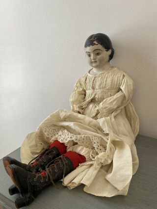Large Antique Victorian Early 1800s Paper Mache And Wood Doll 25’’