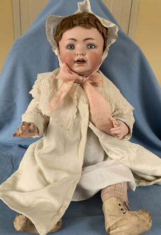 Antique German Bisque Head Baby Doll 25” George Borgfeldt Compo Body Glass Eyes
