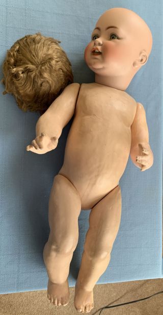 Antique German Bisque Head Baby Doll 25” George Borgfeldt compo body glass eyes 5