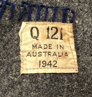 Vintage Ww2 Us Military Australian - Issue Wool Blanket & Tag (“q121 1942 ") Rare