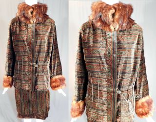 Vintage Art Deco Ethnic Striped Print Velvet Fur Trim Dress Suit Jacket & Skirt