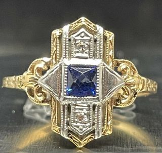 Antique Art Deco 14k Yellow Gold Diamond & Blue Sapphire Filigree Ring 8.  5 Rare