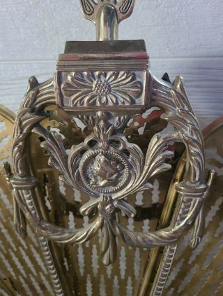 Vintage Ornate Brass Peacock Fireplace Fan Folding Screen Cameo Art Deco 2