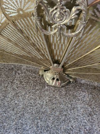 Vintage Ornate Brass Peacock Fireplace Fan Folding Screen Cameo Art Deco 5