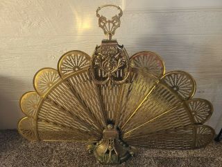 Vintage Ornate Brass Peacock Fireplace Fan Folding Screen Cameo Art Deco 6
