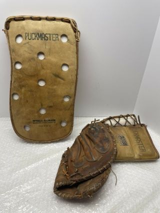 Vtg Leather Stall & Dean Puckmaster Hockey Glove 7613 And 16” Pad Blocker Gear