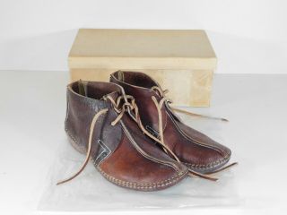 Vintage Hand Made Adult 9.  5 Brown Raw Leather Moccasin Ankle Boots Lace Up Shoes