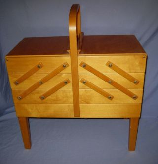 Vintage Mid Century Strommen Bruk Hamar Norway Accordian Style Wood Sewing Box