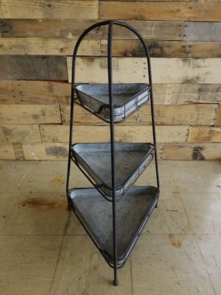 Vintage Metal 3 Tier Triangular Plant Stand Black W/ Galvanized Shelves