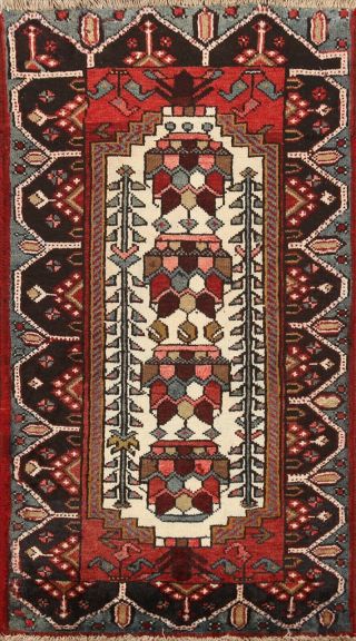 3x4 Vintage Geometric Hamedan Area Rug Hand - Knotted Wool Oriental Tribal Carpet