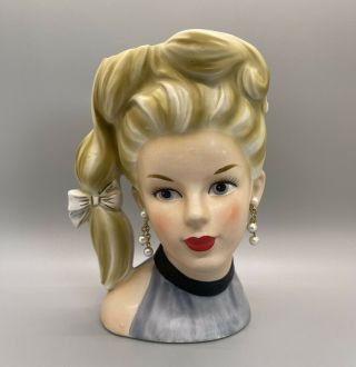 Vintage Caffco Japan Young Lady Head Vase E 3143 Pony Tail Blonde Gray Dress