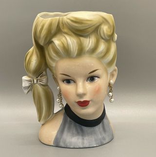 Vintage Caffco Japan Young Lady Head Vase E 3143 PONY TAIL Blonde Gray Dress 2