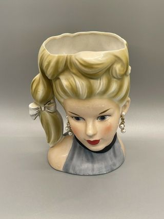 Vintage Caffco Japan Young Lady Head Vase E 3143 PONY TAIL Blonde Gray Dress 3
