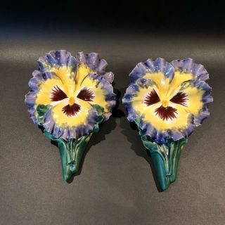 Vintage Rare Lucie Watkins Hand - Painted Pansy Ceramic Wall Pockets