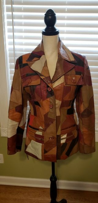 Vintage Davmark Patchwork Ladies Leather Belted Utility Jacket Coat Medium Euc