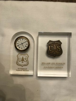 Vintage Us Forest Service Badge,  10 Year Service Clock & Other Memorabilia