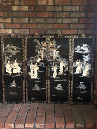 Vintage Asian Mother Of Pearl Black Laquer Set Of 4 Wall Plaques 36”