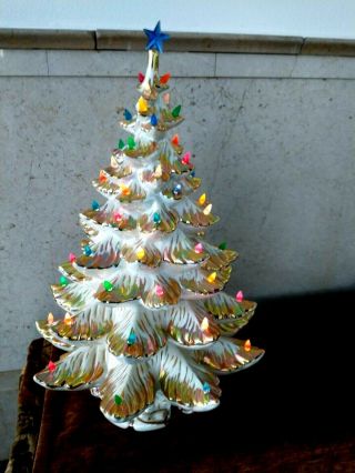 Vtg Musical White Flocked Ceramic Christmas Tree 24 " Lighted Musical 24x13