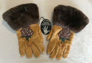 Authentic Alaska Native Eskimo Vintage Gloves Moose Leather Beaded Flower