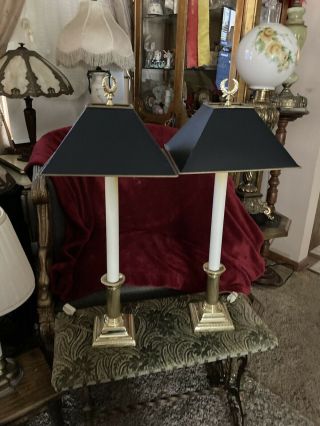 Vintage Baldwin Colonial Williamsburg Brass Candlestick Lamp Pair Black Shades