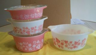 Four Vintage Pyrex Pink Gooseberry Casserole Dishes W/lids 471,  472,  473,  474