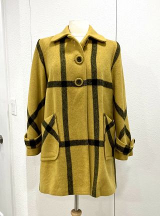 Vintage 1940s Mustard Yellow & Black Plaid Swing Coat Jacket - Lining - Euc